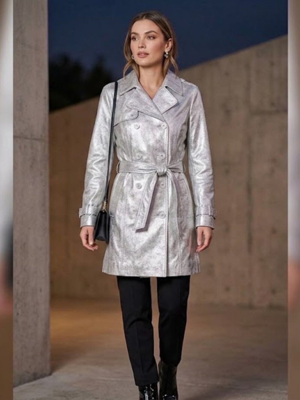bebe Metallic Silver Genuine Leather Trench Coat - Size M Belted Outerwear